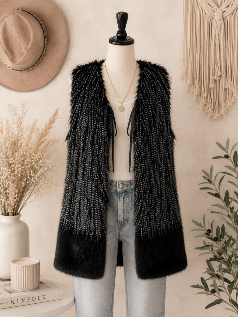 Nostalgia Brand Black Gray Shaggy Faux Fur Vest, Boho Luxe Longline Statement - Picture 6 of 6